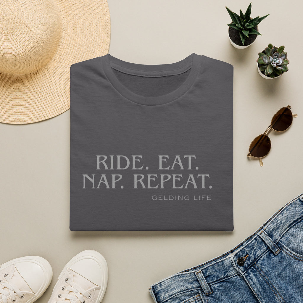 Ride. Eat. Nap. Repeat. T-Shirt | Gelding Life equestrian slogan tee