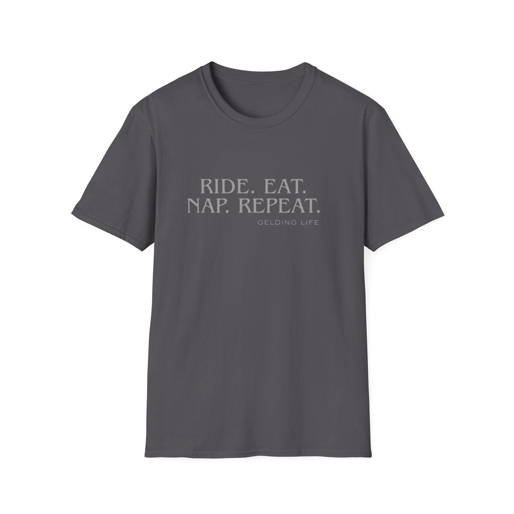 Ride. Eat. Nap. Repeat. T-Shirt | Gelding Life equestrian slogan tee
