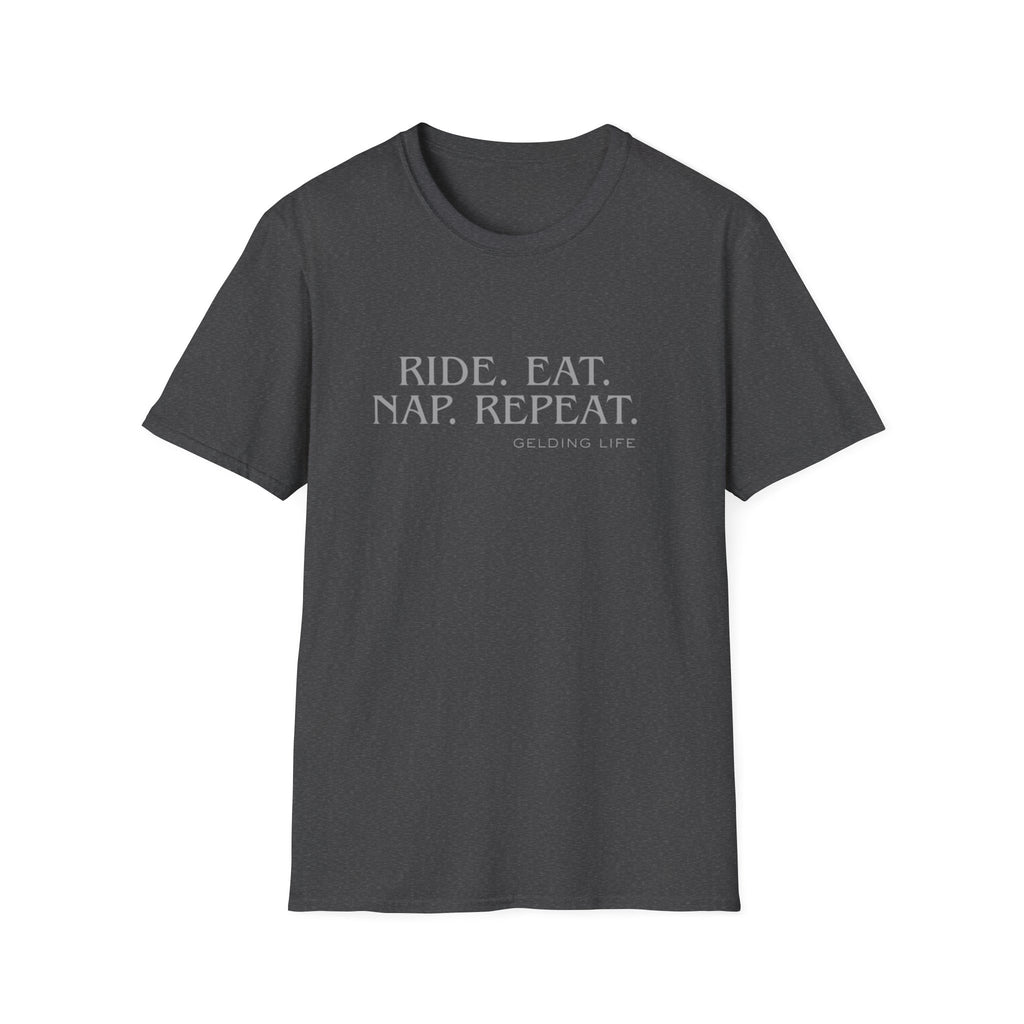 Ride. Eat. Nap. Repeat. T-Shirt | Gelding Life equestrian slogan tee