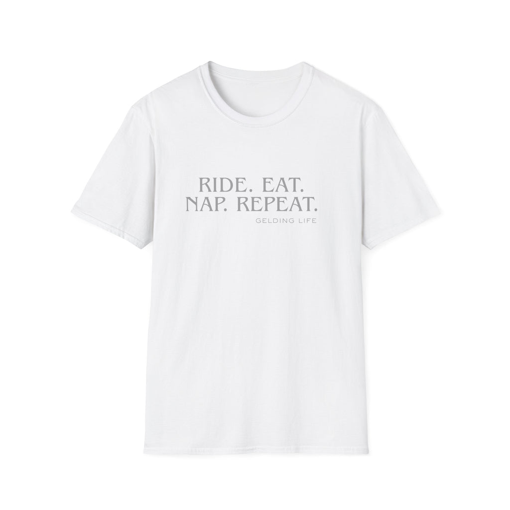 Ride. Eat. Nap. Repeat. T-Shirt | Gelding Life equestrian slogan tee