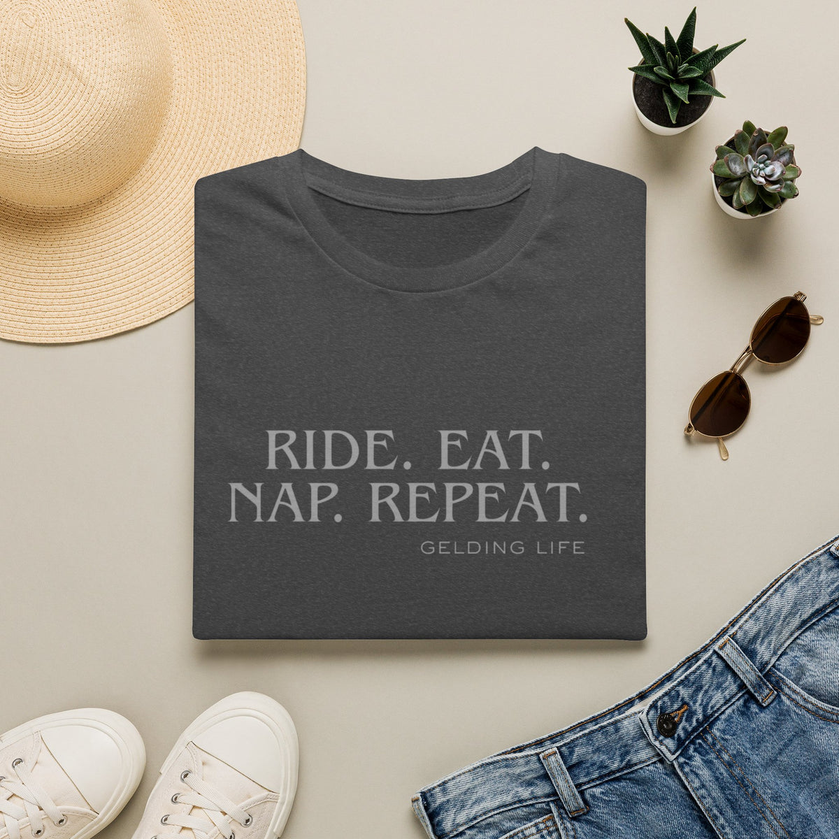 Ride. Eat. Nap. Repeat. T-Shirt | Gelding Life equestrian slogan tee