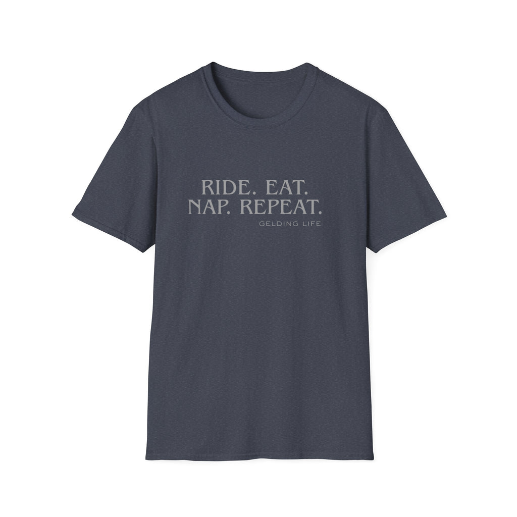 Ride. Eat. Nap. Repeat. T-Shirt | Gelding Life equestrian slogan tee