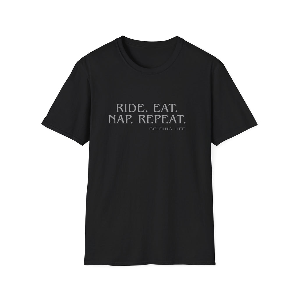 Ride. Eat. Nap. Repeat. T-Shirt | Gelding Life equestrian slogan tee