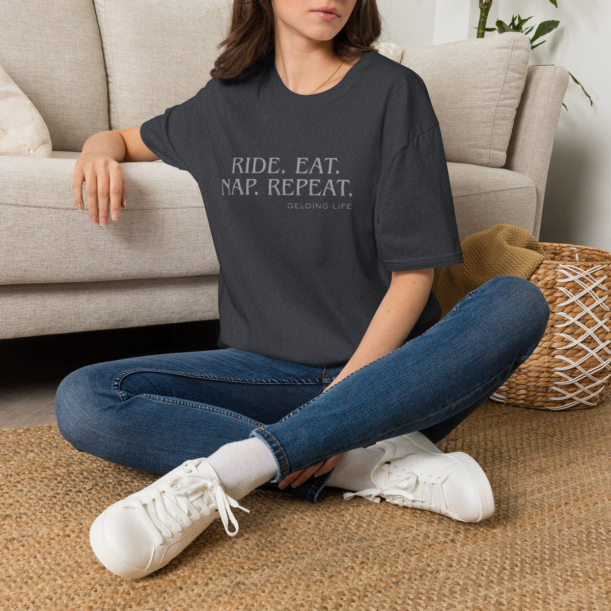 Ride. Eat. Nap. Repeat. T-Shirt | Gelding Life equestrian slogan tee