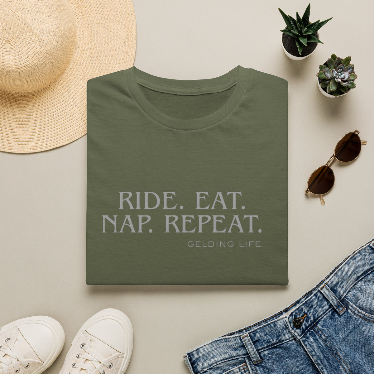 Ride. Eat. Nap. Repeat. T-Shirt | Gelding Life equestrian slogan tee