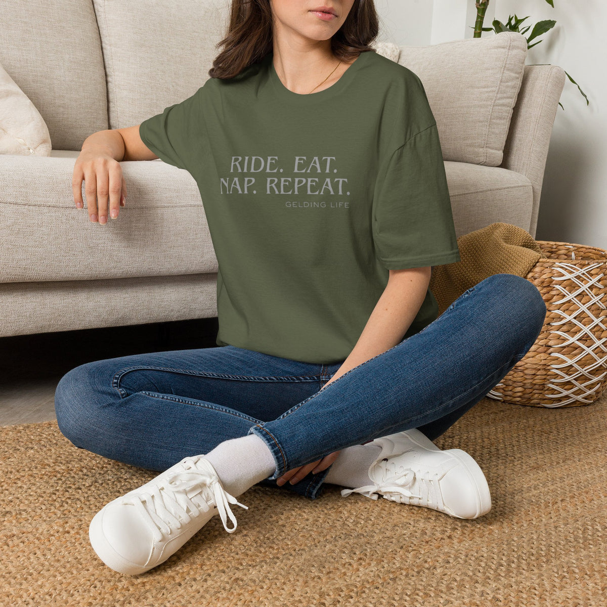 Ride. Eat. Nap. Repeat. T-Shirt | Gelding Life equestrian slogan tee