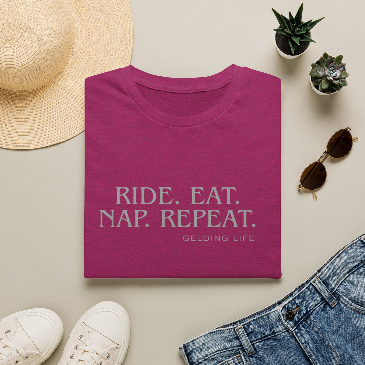 Ride. Eat. Nap. Repeat. T-Shirt | Gelding Life equestrian slogan tee