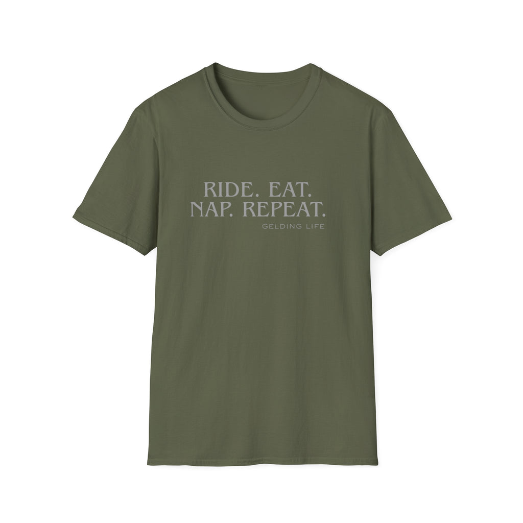 Ride. Eat. Nap. Repeat. T-Shirt | Gelding Life equestrian slogan tee