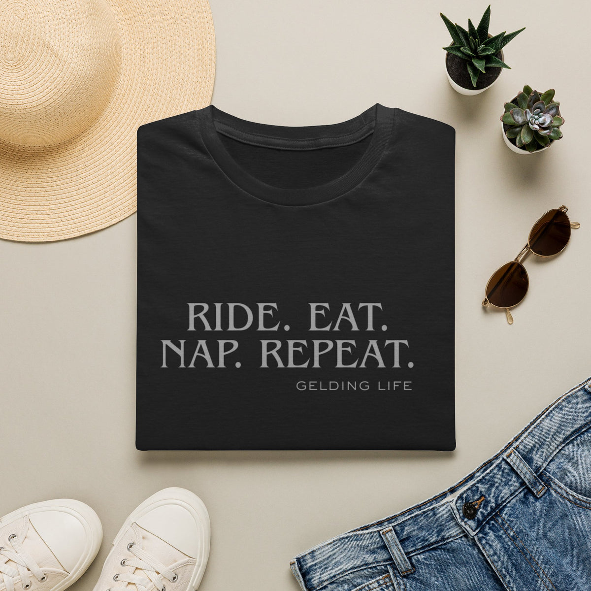 Ride. Eat. Nap. Repeat. T-Shirt | Gelding Life equestrian slogan tee