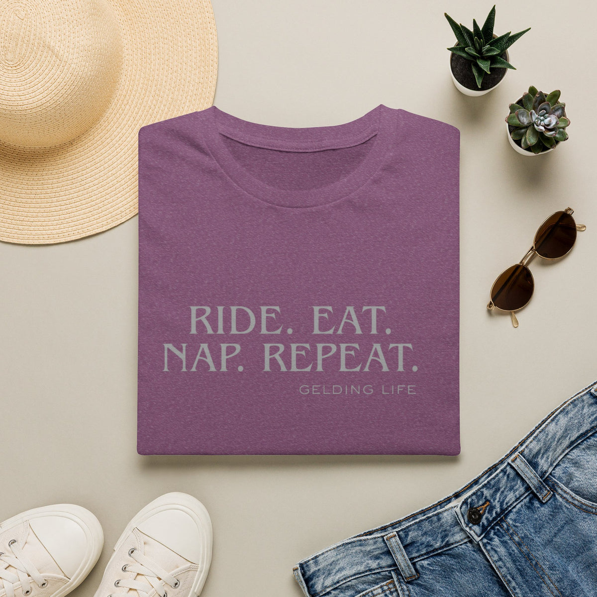 Ride. Eat. Nap. Repeat. T-Shirt | Gelding Life equestrian slogan tee