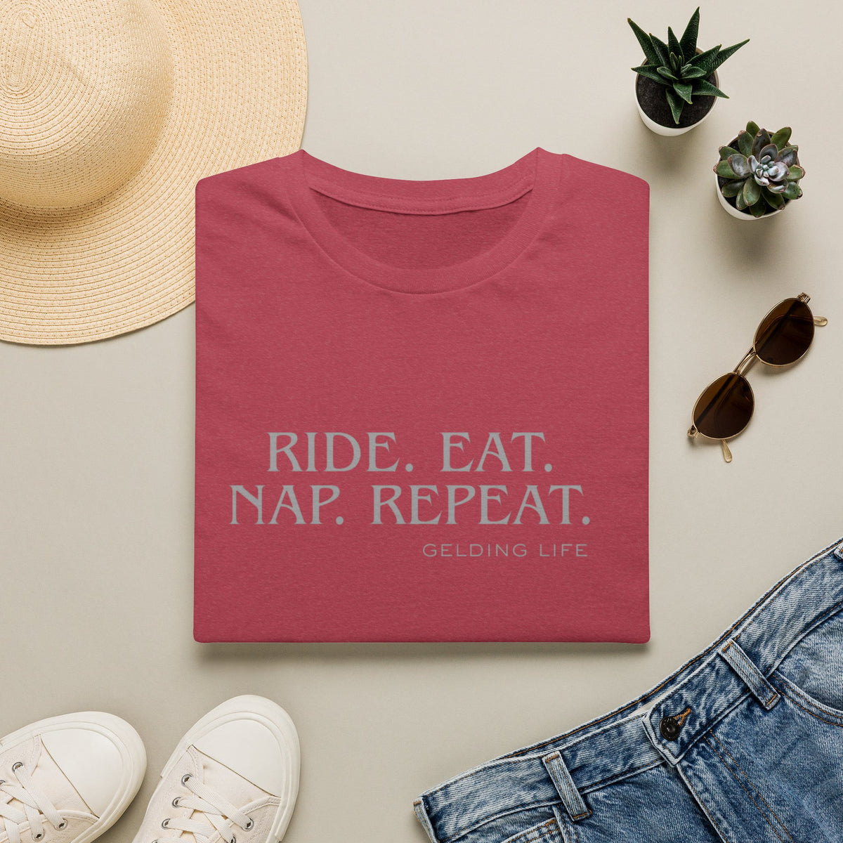 Ride. Eat. Nap. Repeat. T-Shirt | Gelding Life equestrian slogan tee