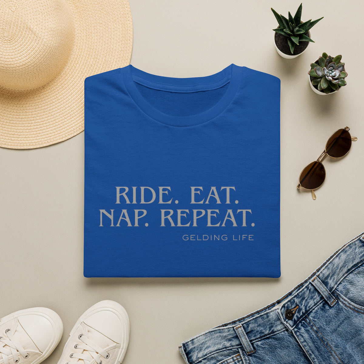 Ride. Eat. Nap. Repeat. T-Shirt | Gelding Life equestrian slogan tee