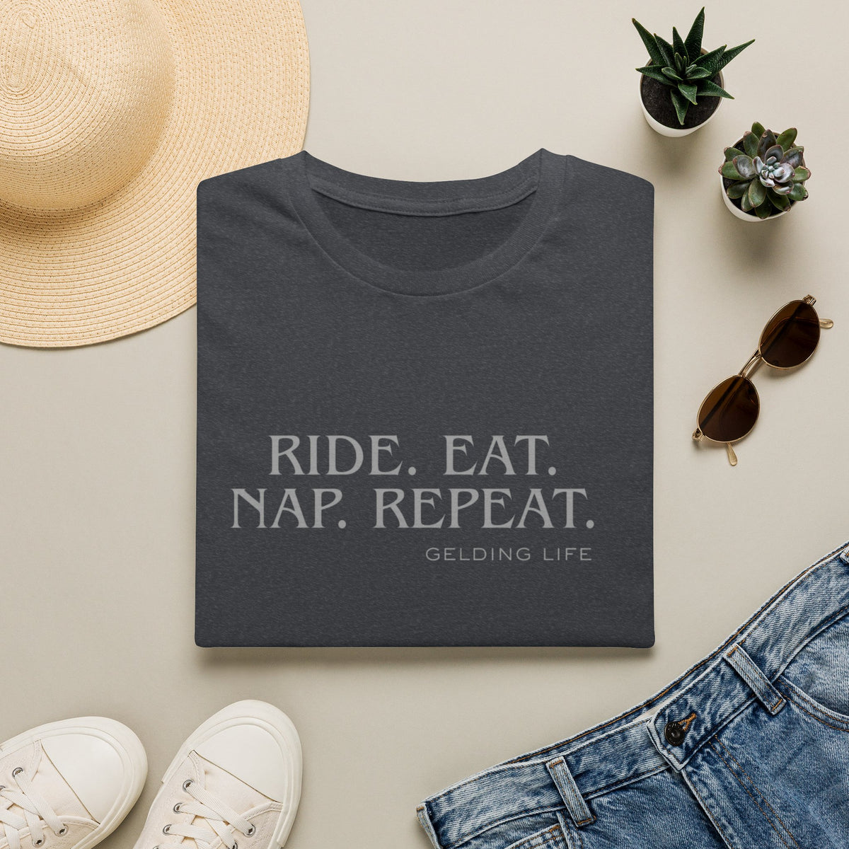 Ride. Eat. Nap. Repeat. T-Shirt | Gelding Life equestrian slogan tee