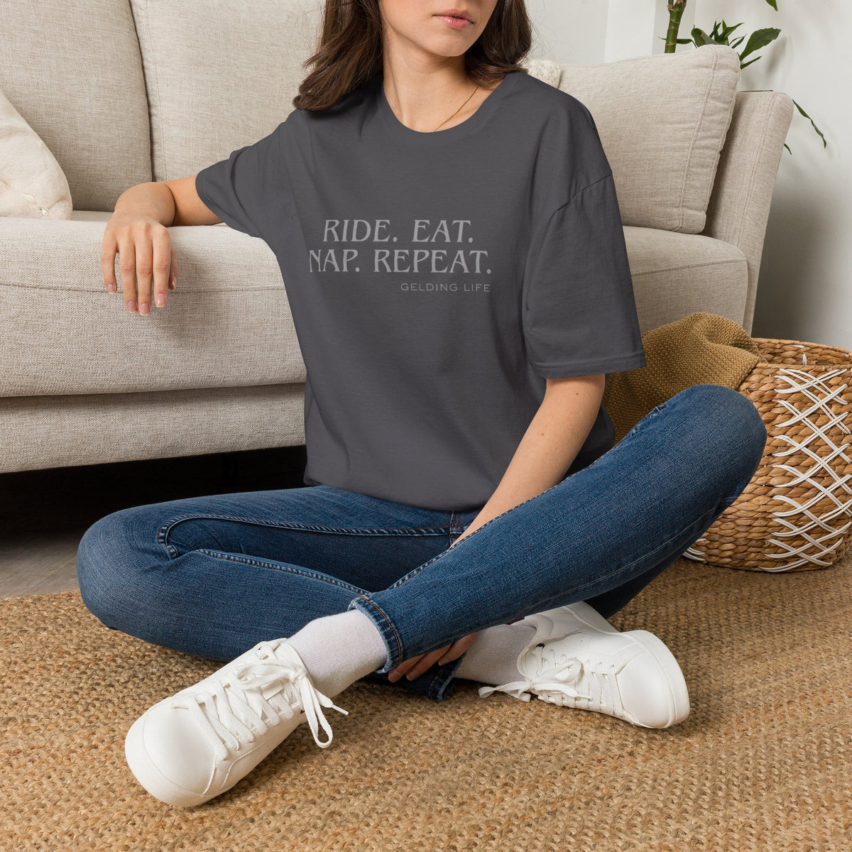 Ride. Eat. Nap. Repeat. T-Shirt | Gelding Life equestrian slogan tee