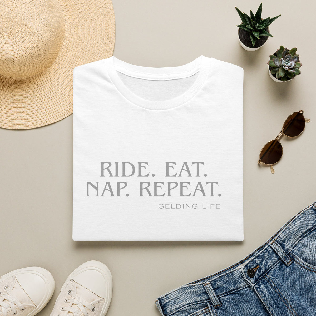 Ride. Eat. Nap. Repeat. T-Shirt | Gelding Life equestrian slogan tee