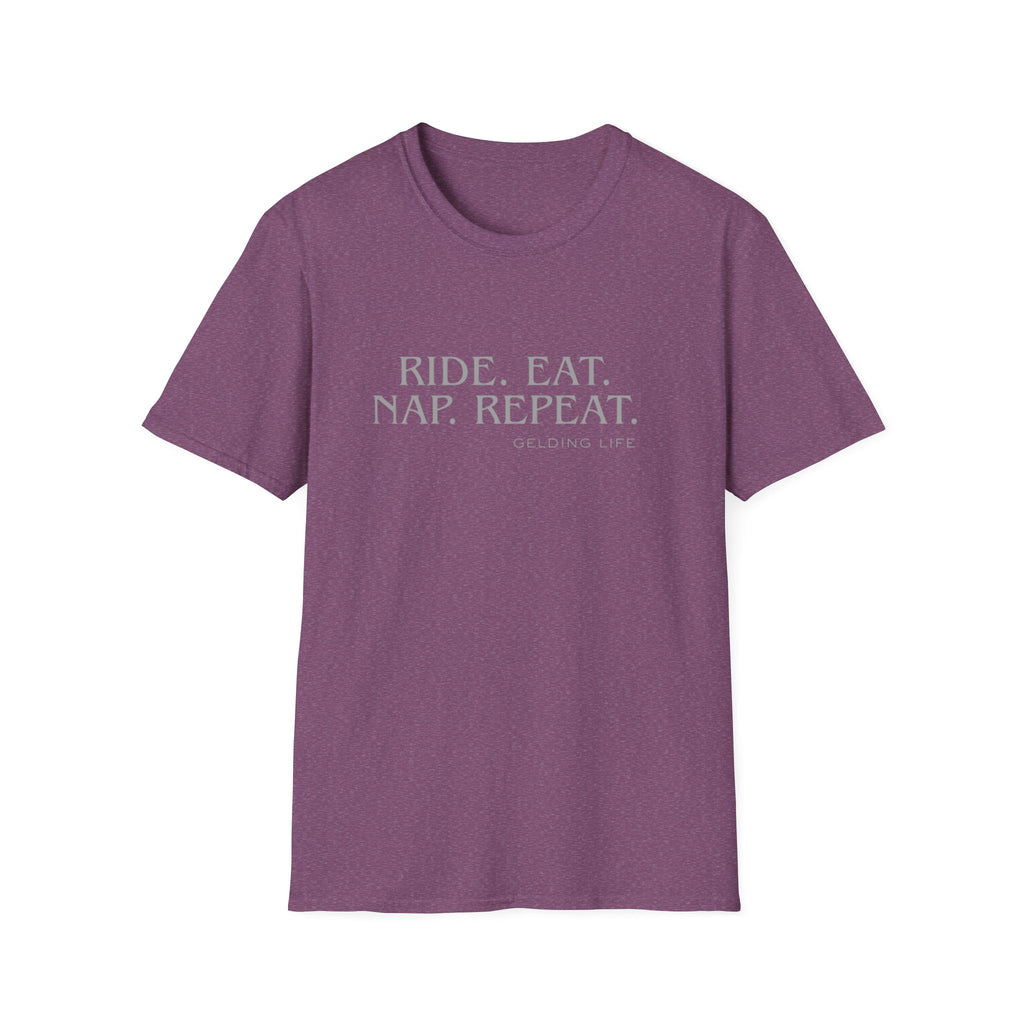 Ride. Eat. Nap. Repeat. T-Shirt | Gelding Life equestrian slogan tee