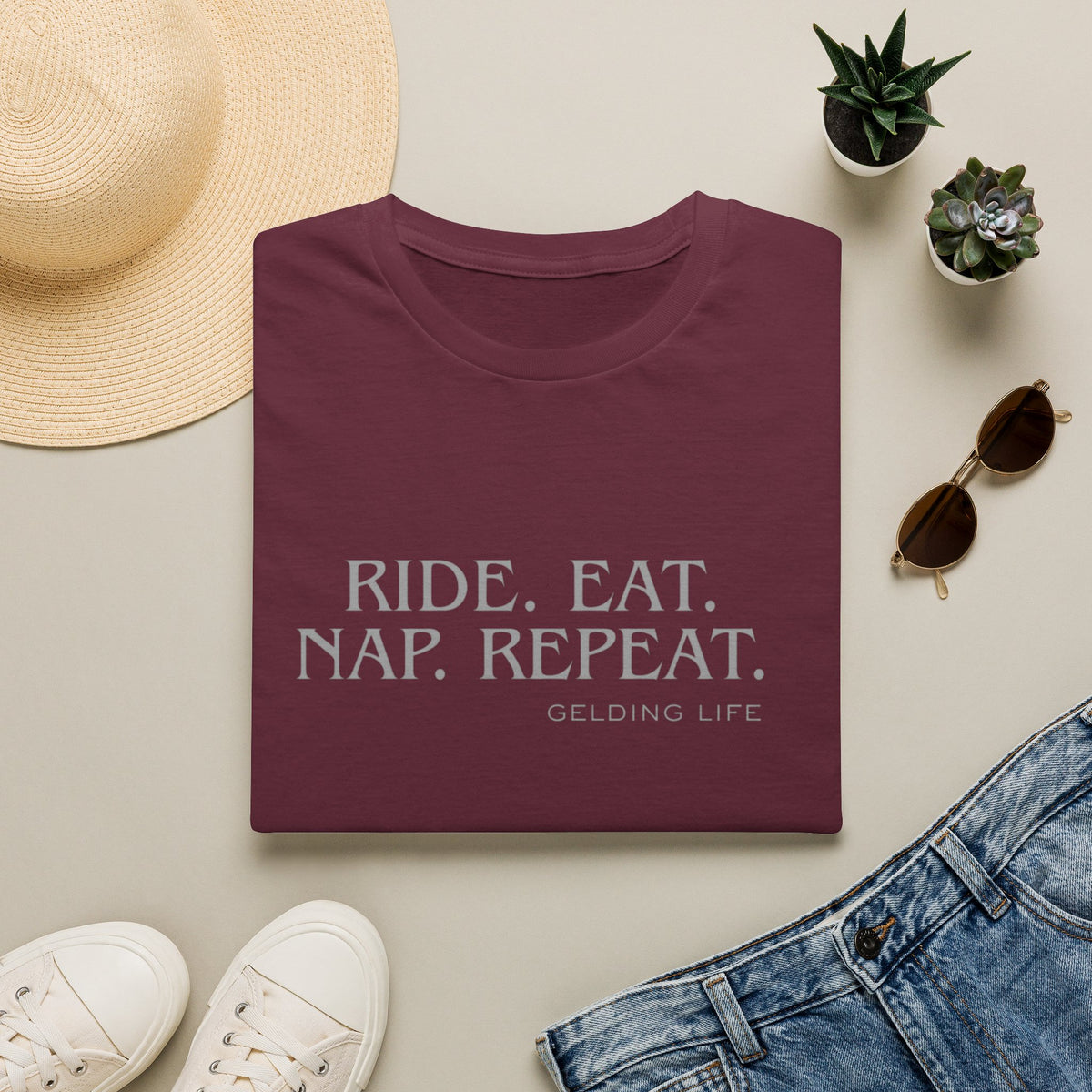 Ride. Eat. Nap. Repeat. T-Shirt | Gelding Life equestrian slogan tee