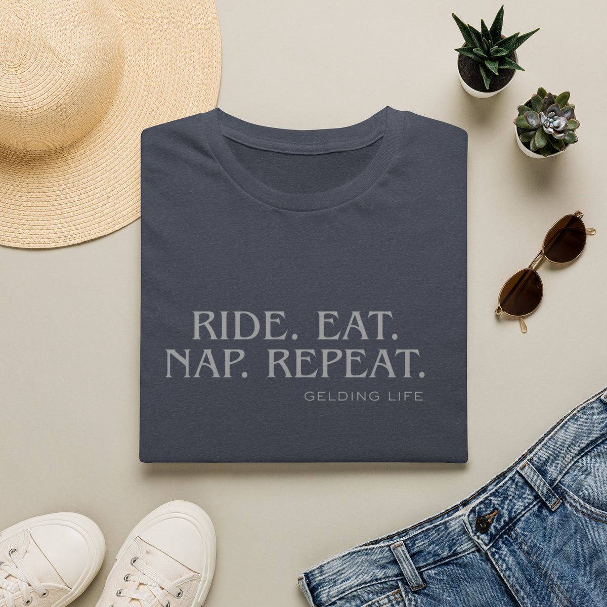 Ride. Eat. Nap. Repeat. T-Shirt | Gelding Life equestrian slogan tee